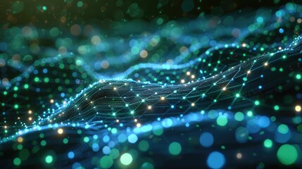 Shimmering digital wave pattern with blue and green lights