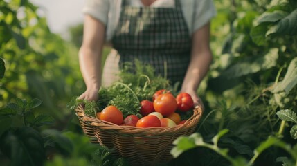 Woman is harvesting vegetables in her garden