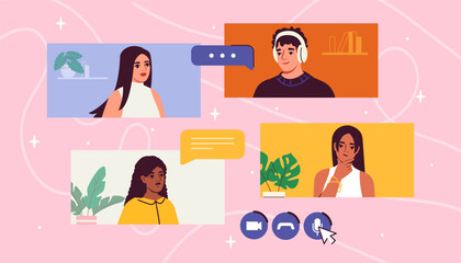 Virtual friendship concept. Men and women communicate in social networks. Students and friends with video call or conference. Meeting in social media. Cartoon flat vector illustration