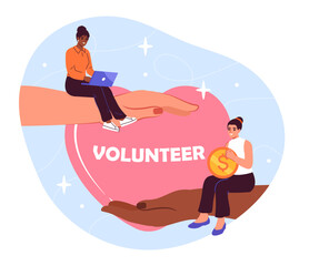 Obraz premium Volunteers with donations concept. Women with laptop and golden coin near big heart. Activists pf charitable foundation. Care and support. Kindness and generosity. Cartoon flat vector illustration