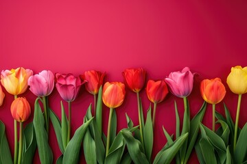 Obraz premium Colorful blooming tulips border banner on red background