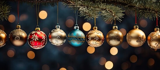 A group of colorful and delightful Christmas ornaments are hanging from the branches of a tree, adding a festive touch to the surroundings. The ornaments sparkle and shine in the light, bringing joy