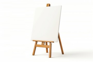White blank canvas on a small wooden easel - A minimalist setup featuring a pristine white blank canvas mounted on a simple wooden easel, isolated against a pure white background