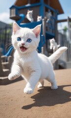 white baby cat with big blue eyes a male attacking, pouncing at its prey in an epic wide-view playground scene, with survival in his eyes, cinematic pose