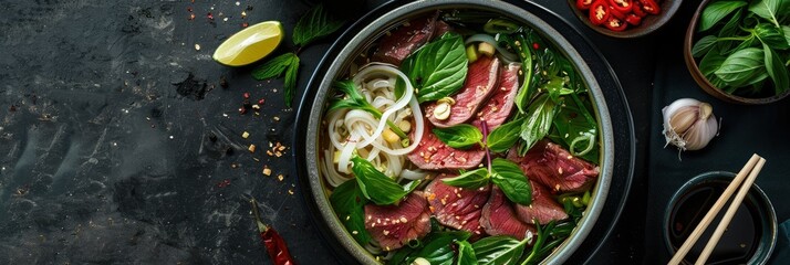 Fresh Vietnamese Pho Ready to Enjoy - An inviting bowl of Vietnamese pho with tender beef, noodles, and herbs viewed from above, ready to eat