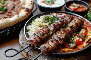 Kebab skewers with sauce on hot grill - Tender meat skewers drizzled with a savory sauce on a sizzling grill, ready to enjoy