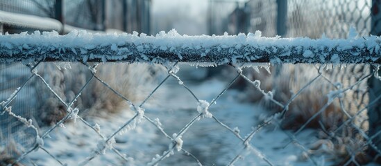A chain link fence covered in a thick layer of snow and ice, creating a frosty barrier along the sidewalk on a cold winter day. The metal links are almost unrecognizable under the frozen elements - Powered by Adobe