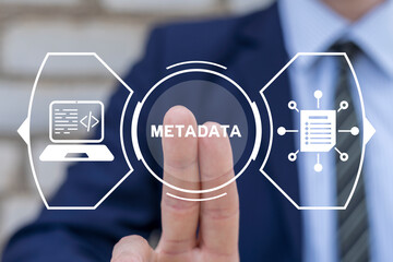 Businessman using virtual touchscreen presses word: METADATA. Concept of web program metadata coding technology. SEO Meta Data Optimization.