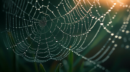 Fototapeta premium The intricate pattern of a spider web symbolizes networking technology