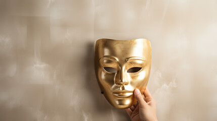 A person standing and holding a gold mask up against a plain wall. Luxury trendy background. Banner, copy space. Advertising for acting and theater courses.