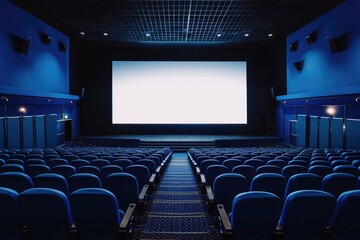 Empty of cinema in blue color with white blank screen