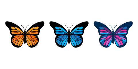 colorful butterfly vector illustration set. orange blue violet