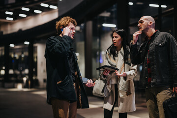 Entrepreneurs engage in a thoughtful conversation outside a modern office building after hours.