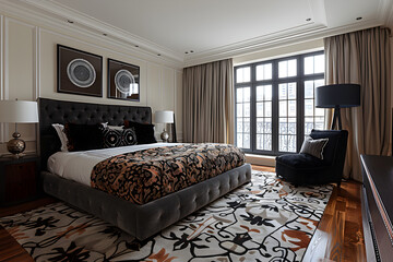 A chic bedroom. Modern furnishings with black accents interior design.