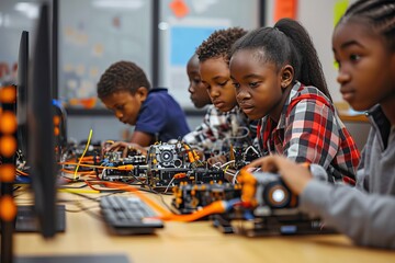 Group of african american students building and programming electric toys and robots at robotics classroom
