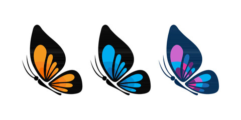 colorful butterfly vector illustration set. orange blue violet