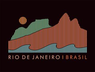 Vector illustration of colorful silhouettes of mountains in the coastal region of Rio de Janeiro. Art in graphic style formed by vertical stripes.
