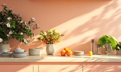 kitchen trendy peach color, photo wallpaper for your phone, pink filter - obrazy, fototapety, plakaty