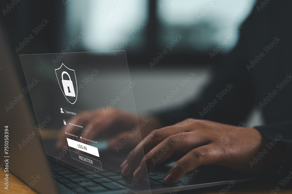 Aufkleber Secure internet access and security of personal data. Woman typing login and password on virtual screen. Protection personal data against hackers.