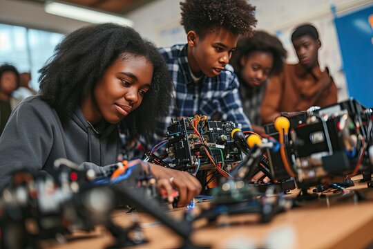 Group of african american students building and programming electric toys and robots at robotics classroom