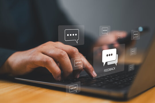 Manager collects information from customer satisfaction to develop products and services, Feedback concept, user comment rating online, writing feedback review, reputation management.