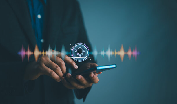 Businessman recording the conversation with customers. Customer service landing page. Concept of online customer support, telemarketing, consulting, call center and assistance.