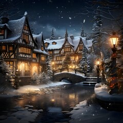 Fototapeta na wymiar Digital painting of a winter night in the village with houses and river