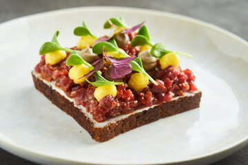 Steak tartare on a bread in fine dining restaurant