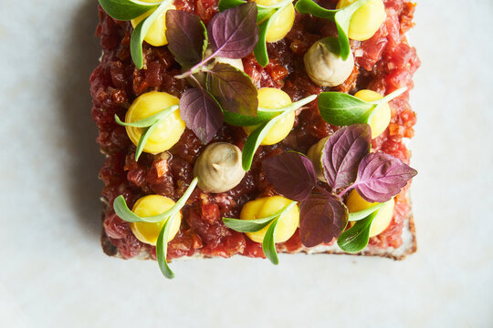 Steak tartare on a bread in fine dining restaurant