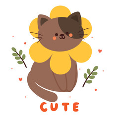 hand drawing cartoon cat with flower and plant. cute cat card, wallpaper, background