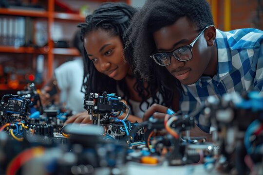 Group of african american students building and programming electric toys and robots at robotics classroom