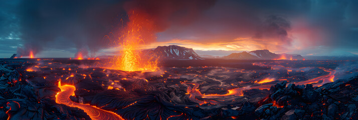  Majestic lava flows in Icelandic volcanic eruption,
Volcanic eruption lava and ash ejection into the sky panorama magma flows
 - obrazy, fototapety, plakaty