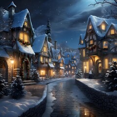 Winter fairy tale village in the snow at night. 3d rendering