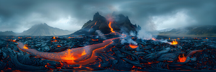  Majestic lava flows in Icelandic volcanic eruption,
Volcano landscape Mountain lava background
 - obrazy, fototapety, plakaty