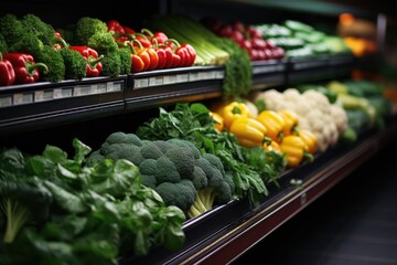 Shelves with fresh vegetables and fruits in supermarket - obrazy, fototapety, plakaty