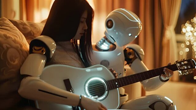 A serene evening unfolds as a robot assists a young woman with a bionic prosthetic arm in playing the guitar, the warm glow of bokeh lights enhancing the intimacy of the moment