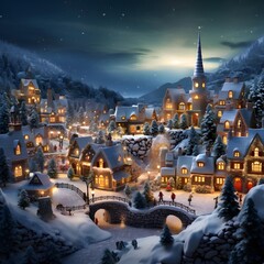 Winter village in the mountains at night. Christmas landscape with houses.