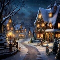 Fototapeta na wymiar Winter village at night. Illustration of a winter night in the village.