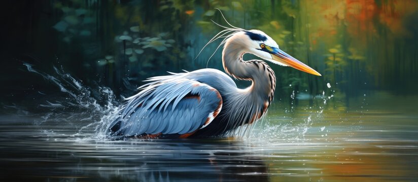 A painting of a blue heron standing in the water, poised to catch fish with water splashing around it in a lake.