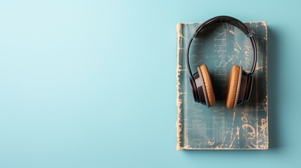 Classic headphones resting on an old vintage book with a faded cover
