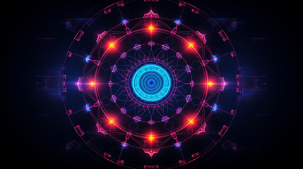 Obraz premium Circular design with blue and red colors blending in an abstract pattern. Radiant Kaleidoscopic Pattern on Black Background Illuminated in Vivid Colors 