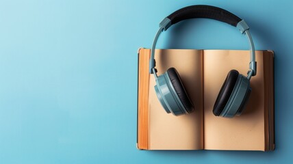 Open book with wireless headphones resting on it against a blue backdrop