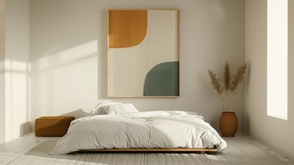 Minimalist bedroom with a large abstract wall art