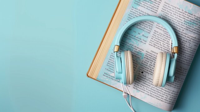 Headphones on an open book, concept of audiobook education