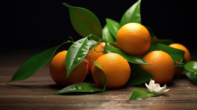 Photo of fresh tangerines with stems and leaves