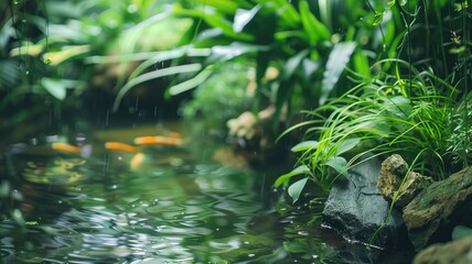 Peaceful koi pond surrounded by lush greenery and gentle rain, serene nature