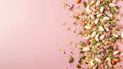 Assortment of seeds and nuts scattered on a pink surface