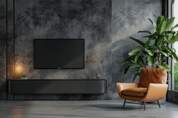 Living room interior has cabinet for tv and leather armchair in cement room with concrete walls