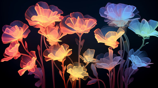 A cluster of vibrant flowers emitting a soft glow in darkness, creating a unique and surreal visual spectacle © keystoker