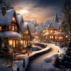Foto op Plexiglas Winter night in the village. Christmas and New Year background. Winter landscape. © Iman